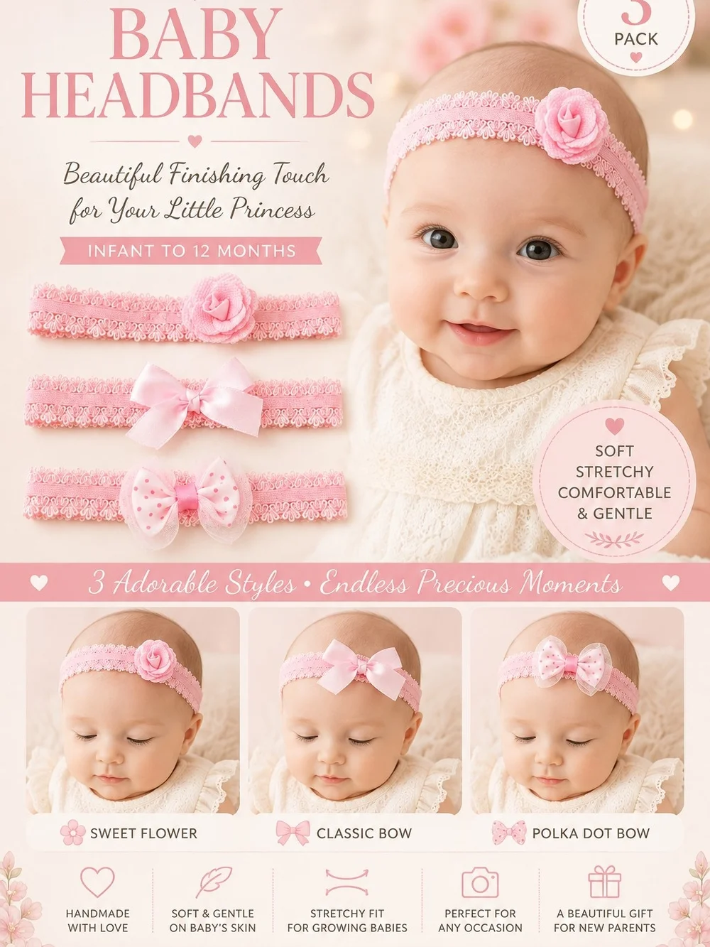 Sweet Blossom Baby Headband Set – 3 Handmade Lace Headbands Infant to 12 Months